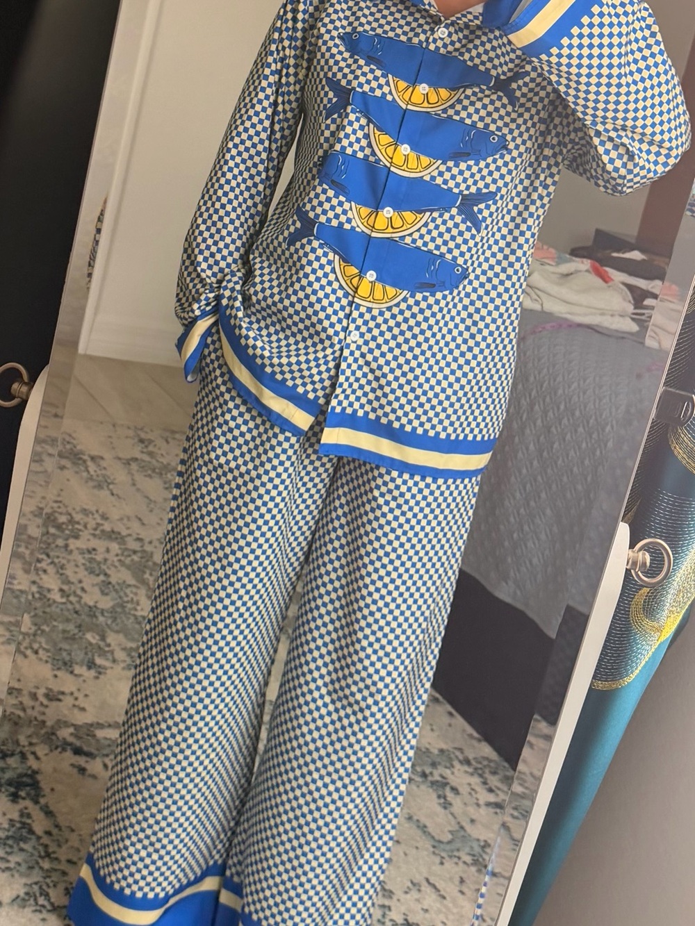 Blue & White Checkered Two-Piece Lounge Set with Yellow Fish Motif